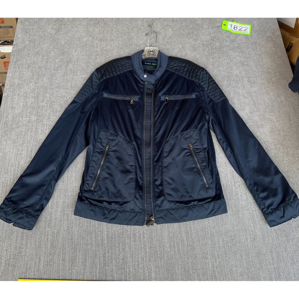 Zara Moto Bomber Jacket Mens Large Blue Mesh Quilted Shoulder Panels Full Zip